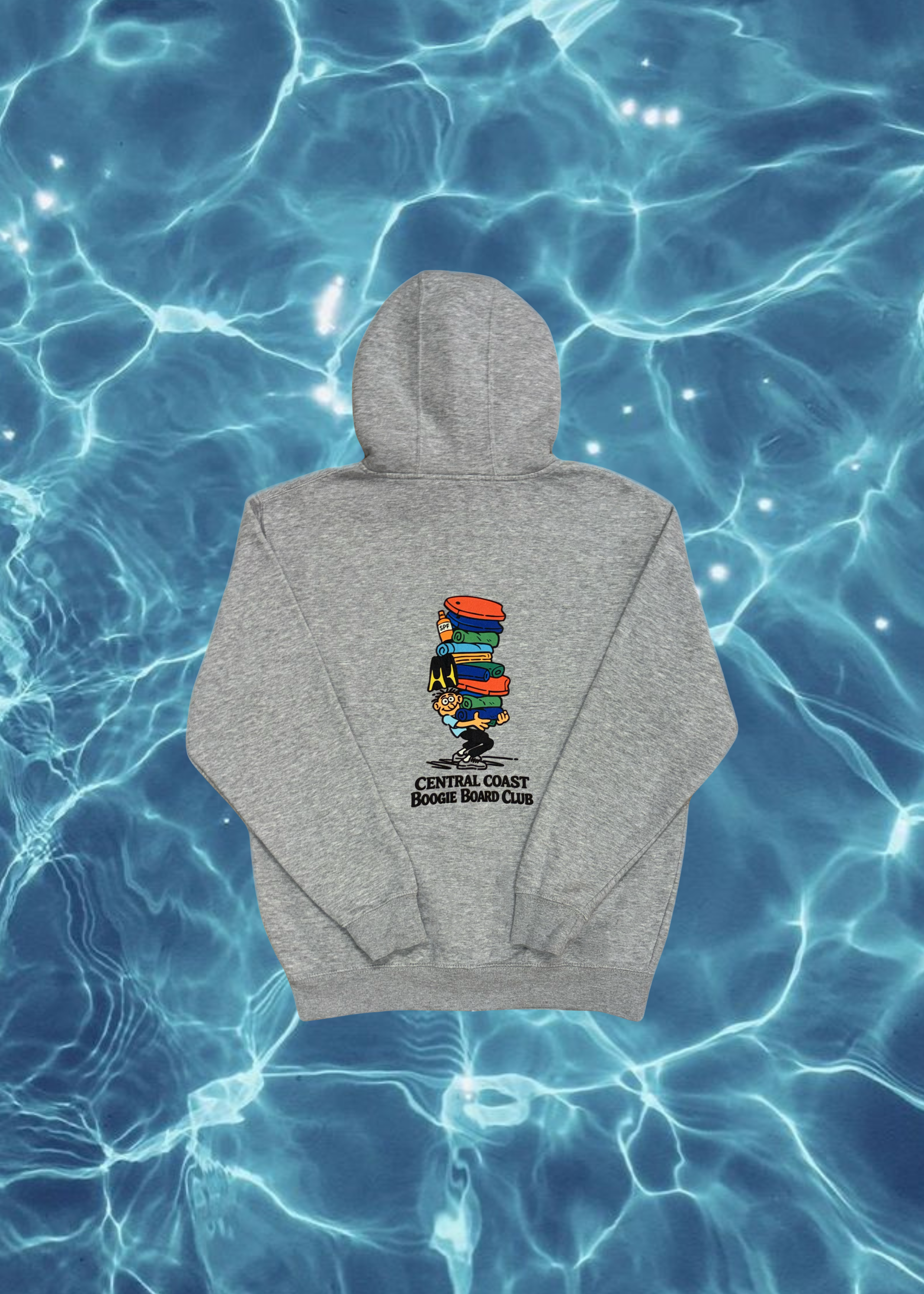 Gray hoodie with a colorful graphic on a blue water background