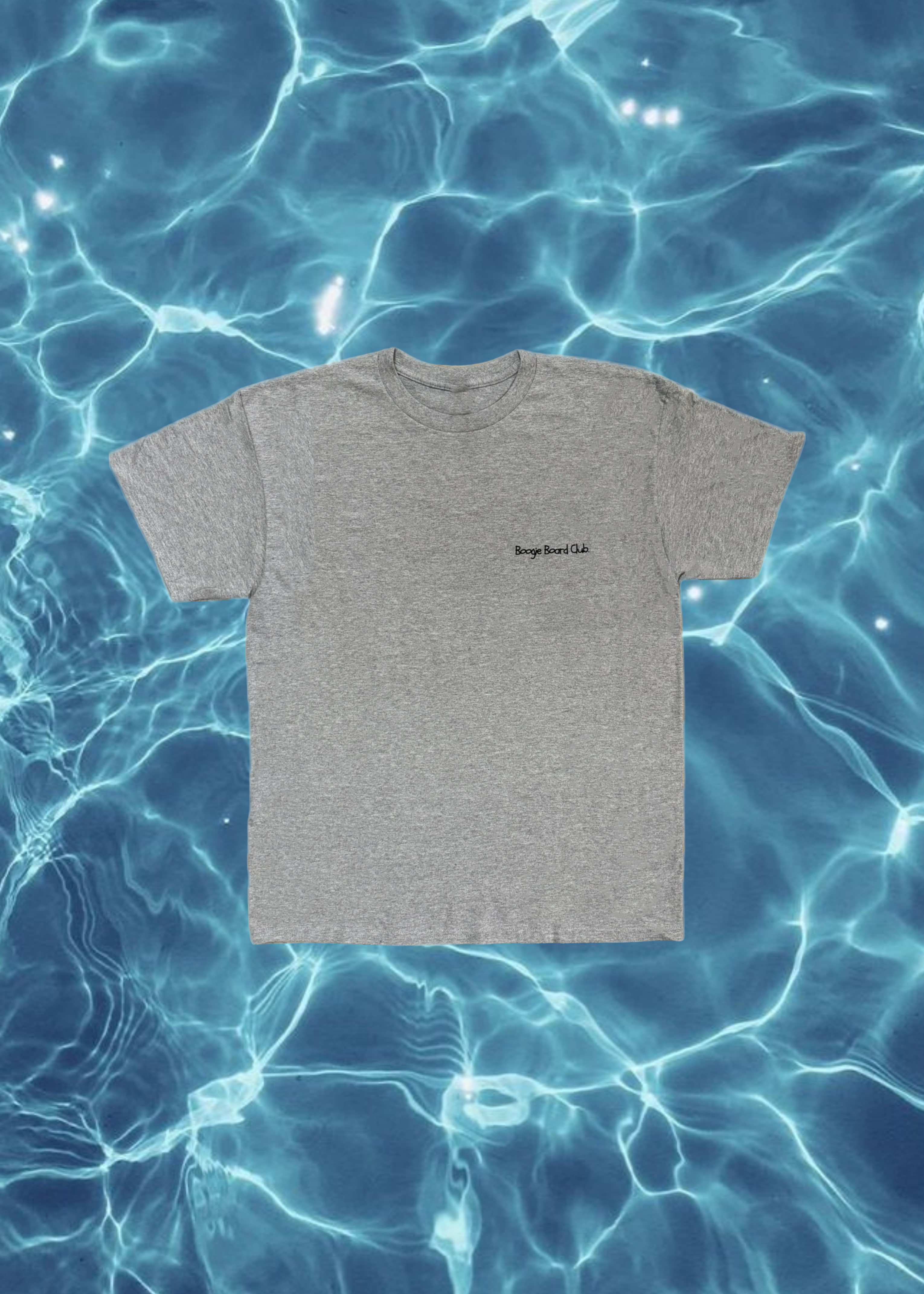 Gray t-shirt with text on a blue water background