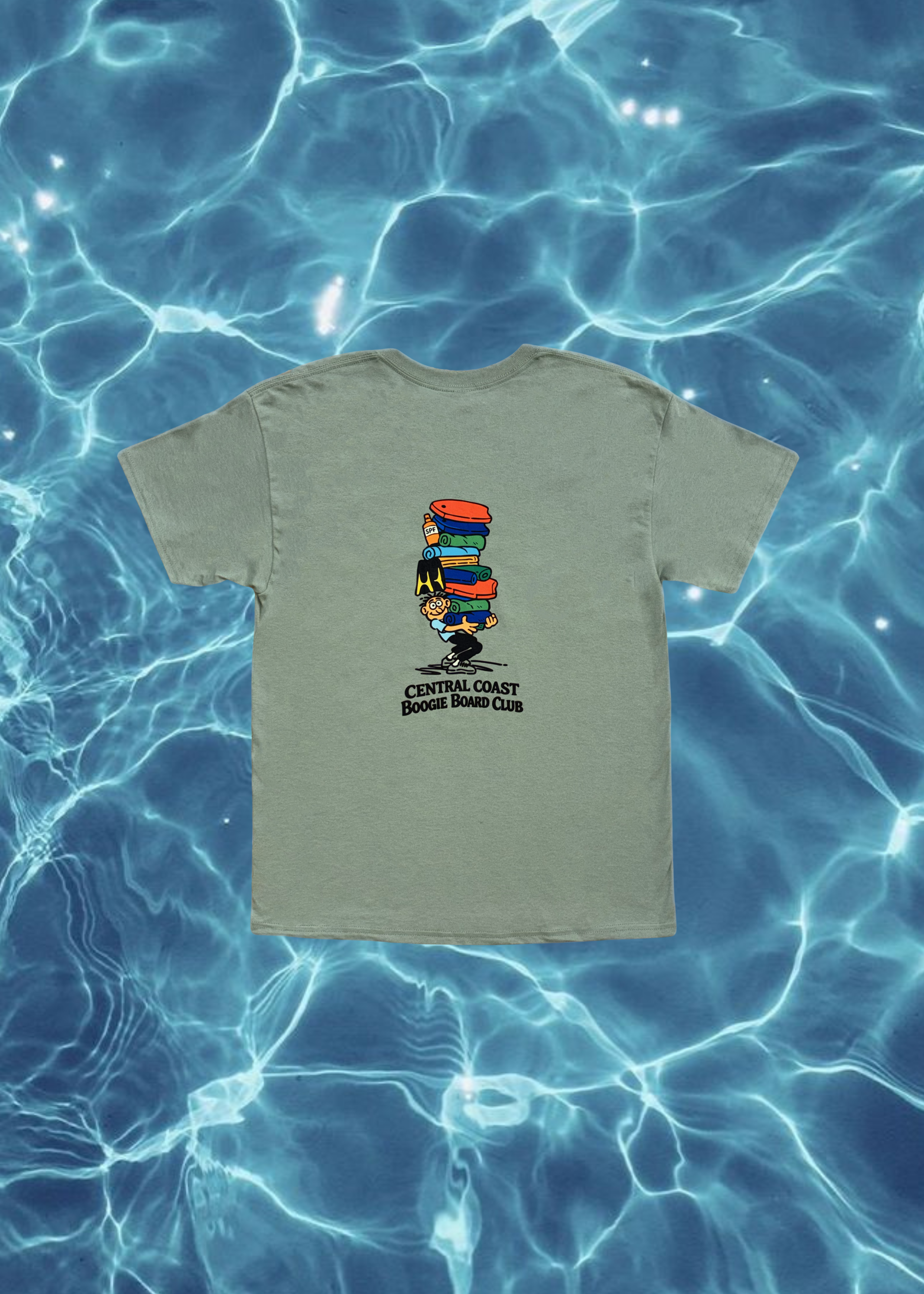 Gray t-shirt with a graphic design on a blue water background