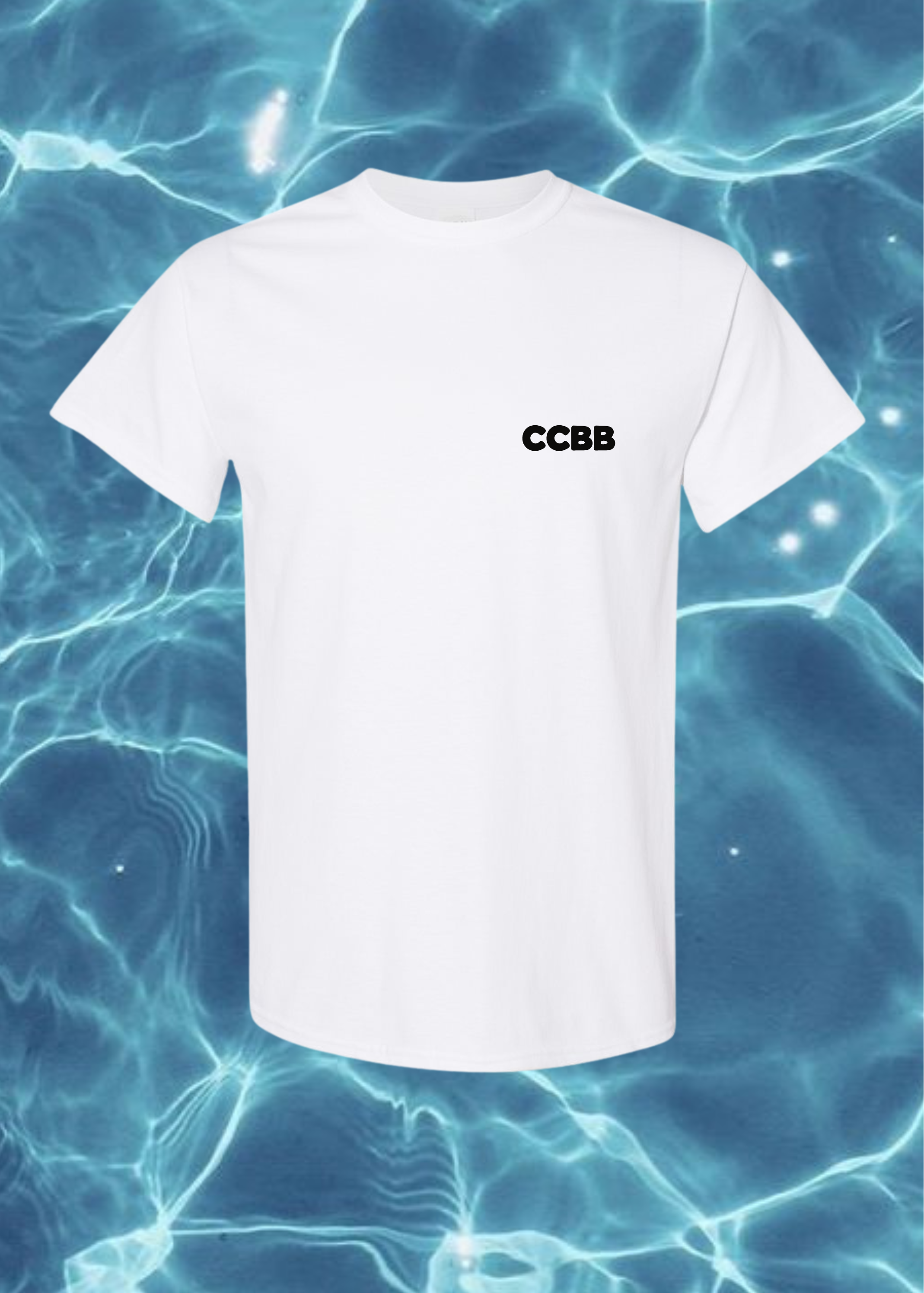 White t-shirt with 'CCBB' logo on a blue water background