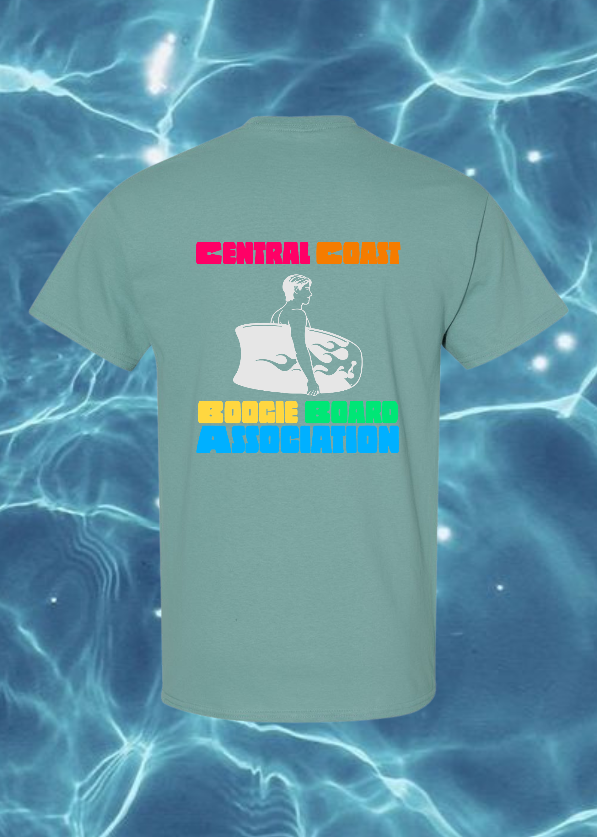 Green t-shirt with graphic design on a blue water background