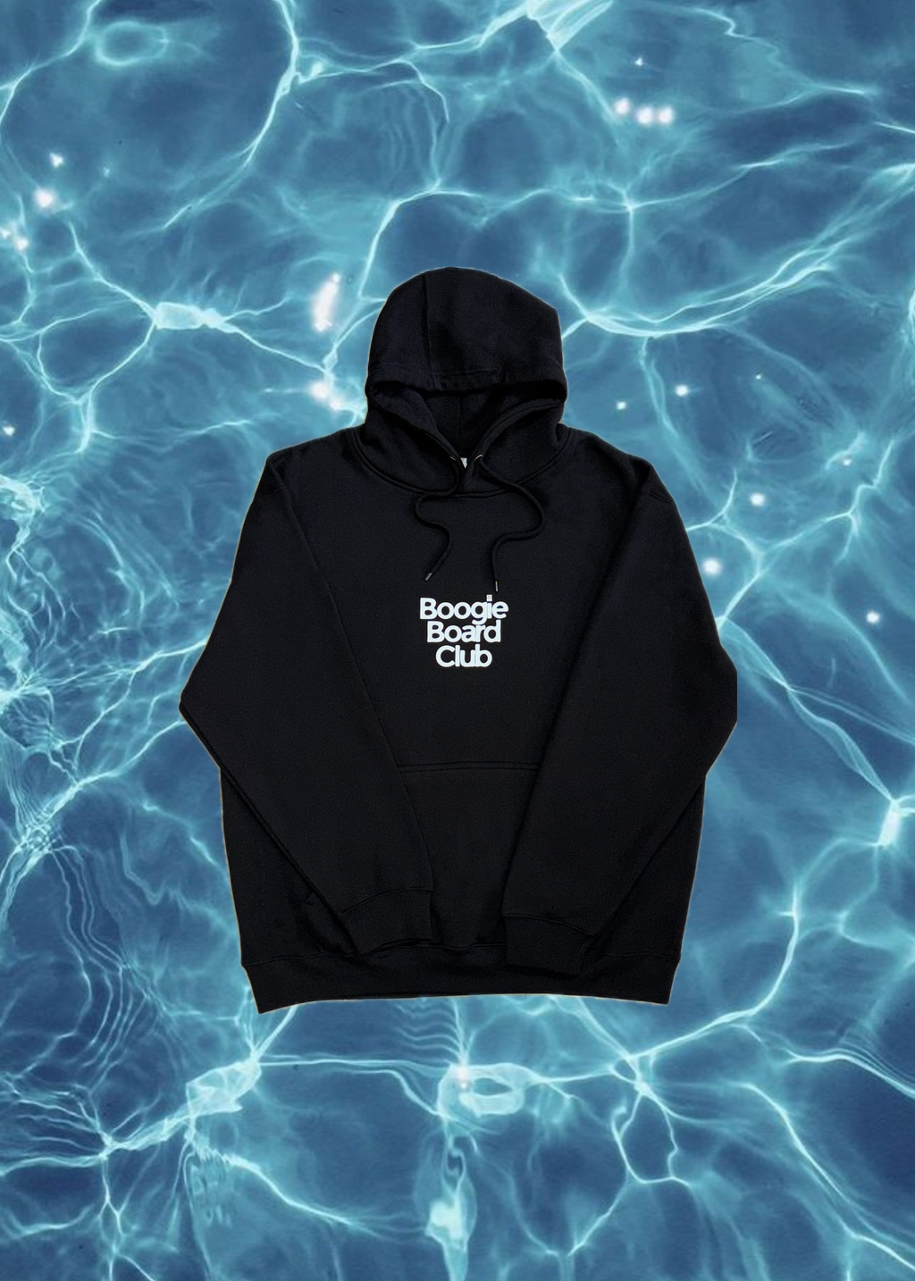 Black hoodie with 'Boogie Board Club' text on a blue water background