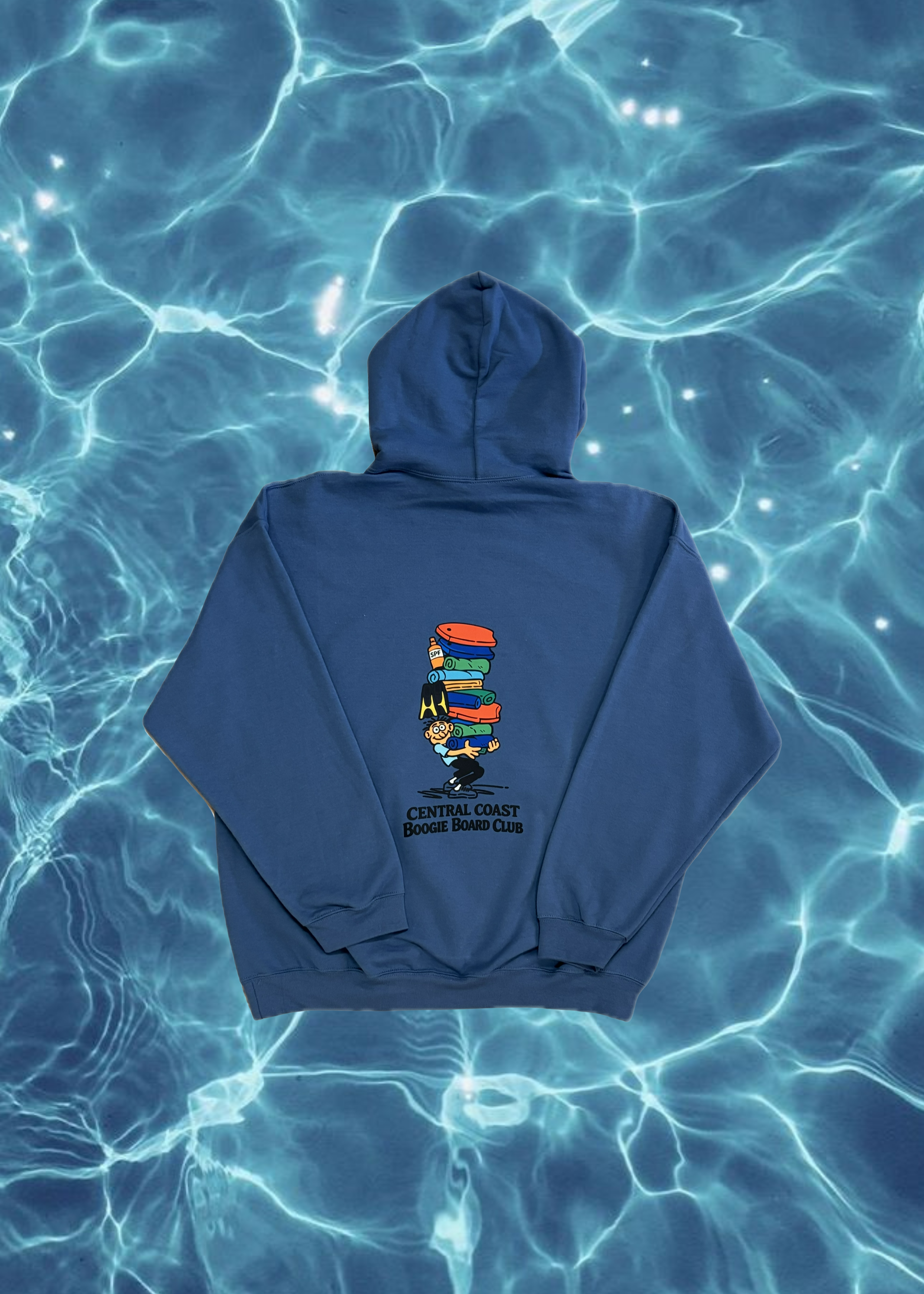 Blue hoodie with a colorful graphic on a water surface background