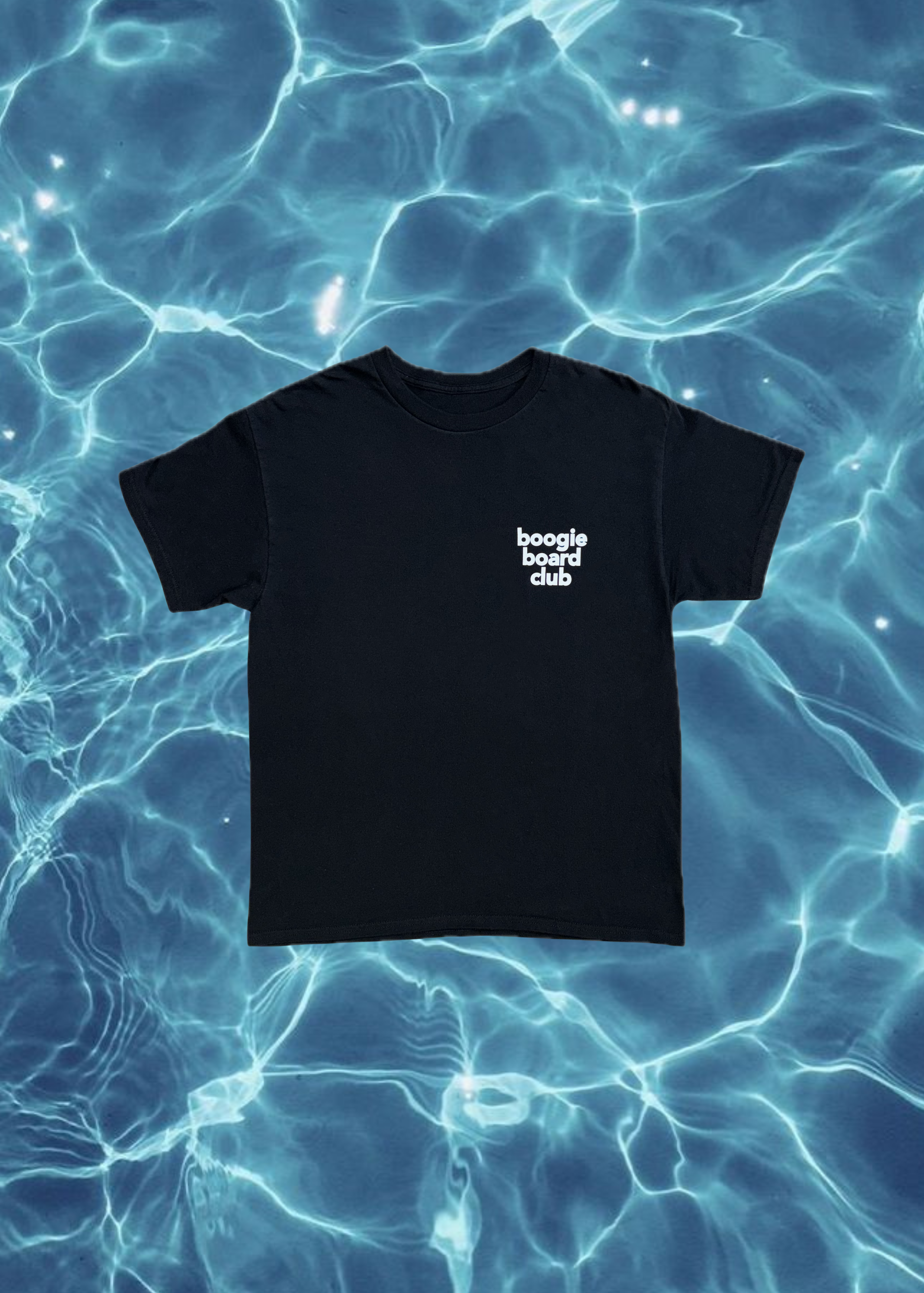 Black t-shirt with 'boogie board club' text on a blue water background