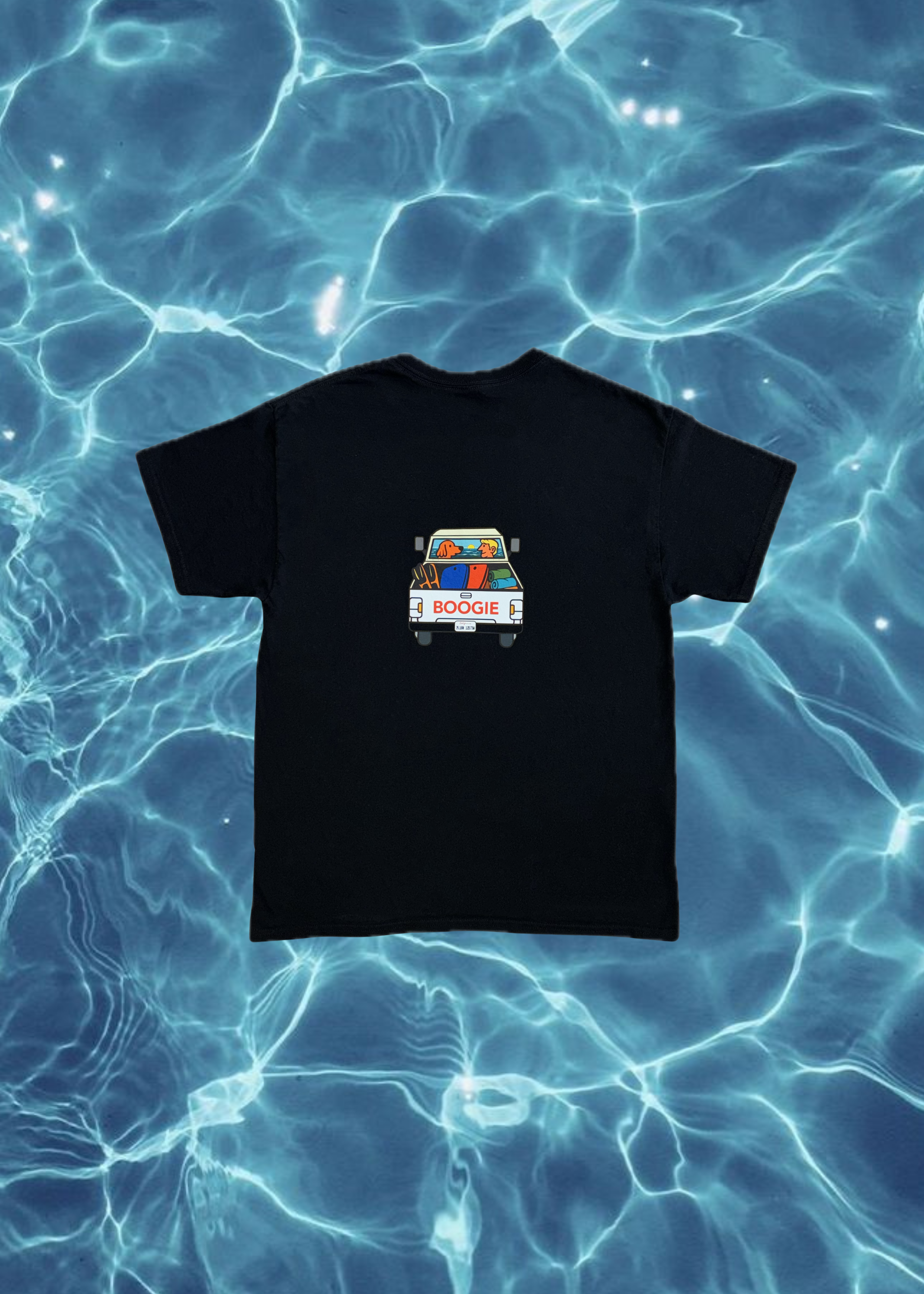 Black t-shirt with a graphic design on a blue water background