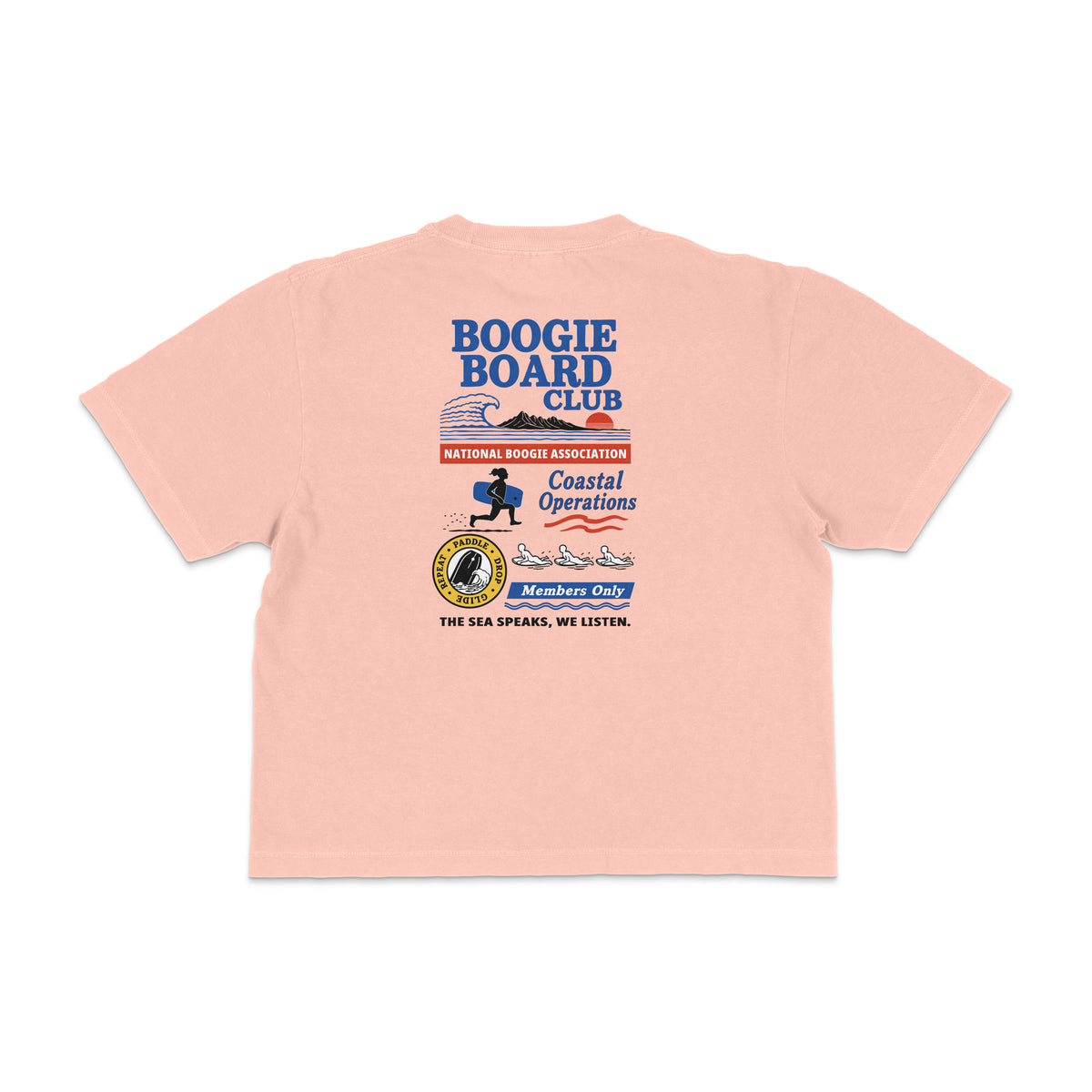 Back view of Coastal Operations Women’s Heavyweight Boxy Tee in Peachy with large multi-badge Coastal Operations graphic