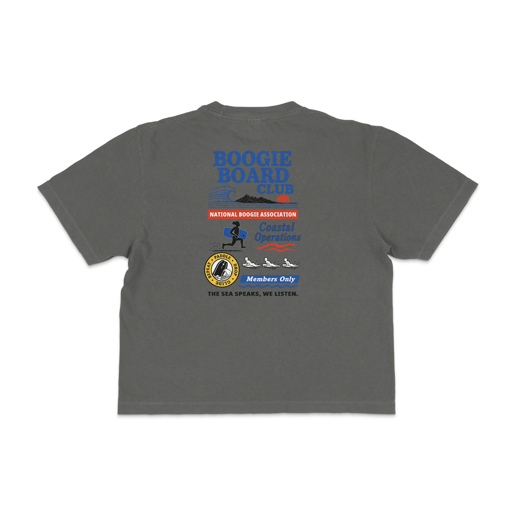 Back view of Coastal Operations Women’s Heavyweight Boxy Tee in Pepper with large multi-badge Coastal Operations graphic