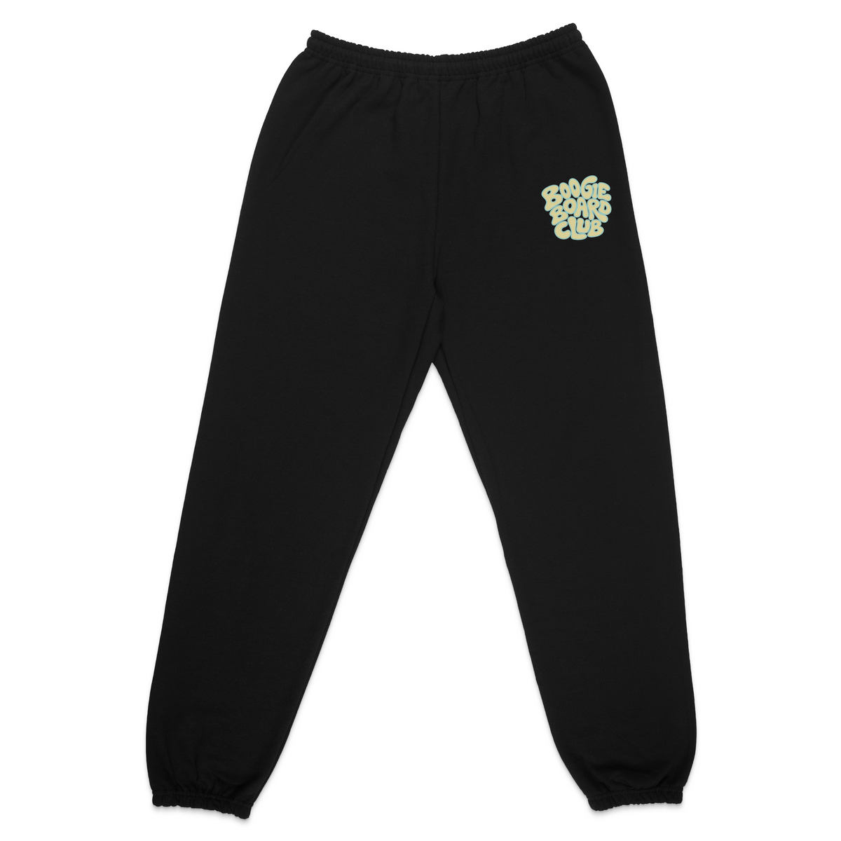 Front view of Wavy Boogie Sweatpants - Sunfade in Black with Sunfade green Wavy Boogie logo on the left leg