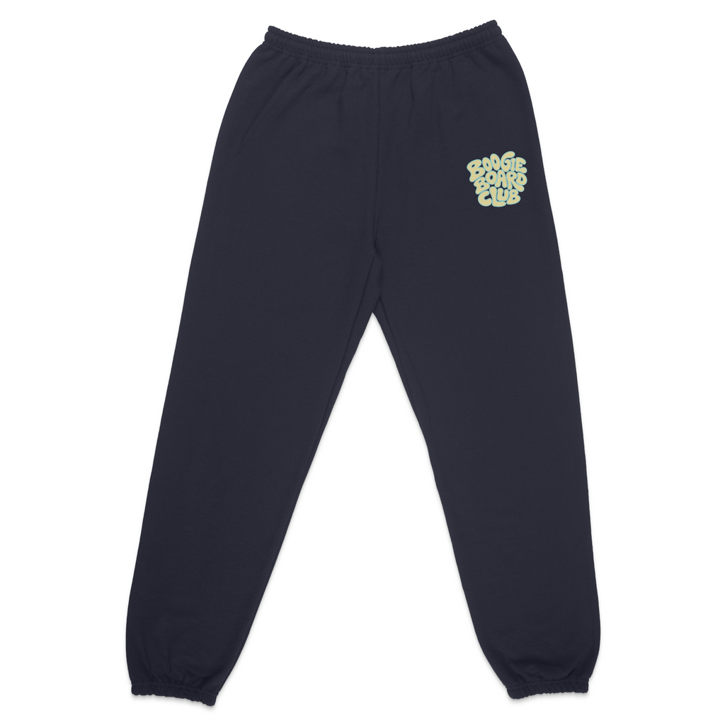 Front view of Wavy Boogie Sweatpants - Sunfade in Navy with Sunfade green Wavy Boogie logo on the left leg