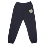 Front view of Wavy Boogie Sweatpants - Sunfade in Navy with Sunfade green Wavy Boogie logo on the left leg