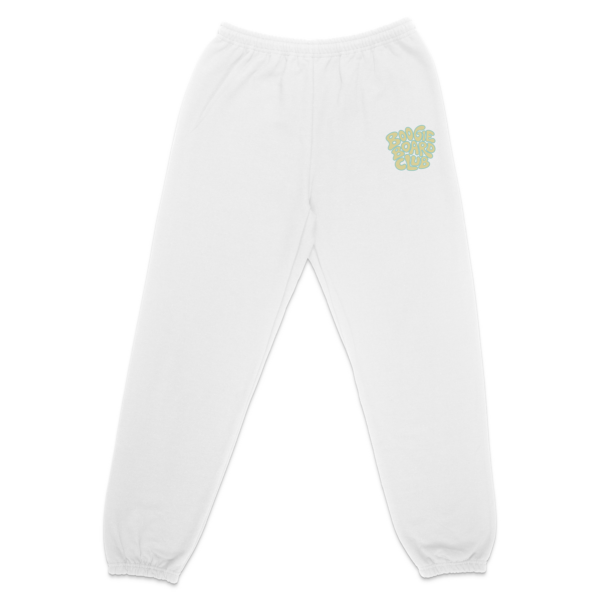 Front view of Wavy Boogie Sweatpants - Sunfade in White with Sunfade green Wavy Boogie logo on the left leg