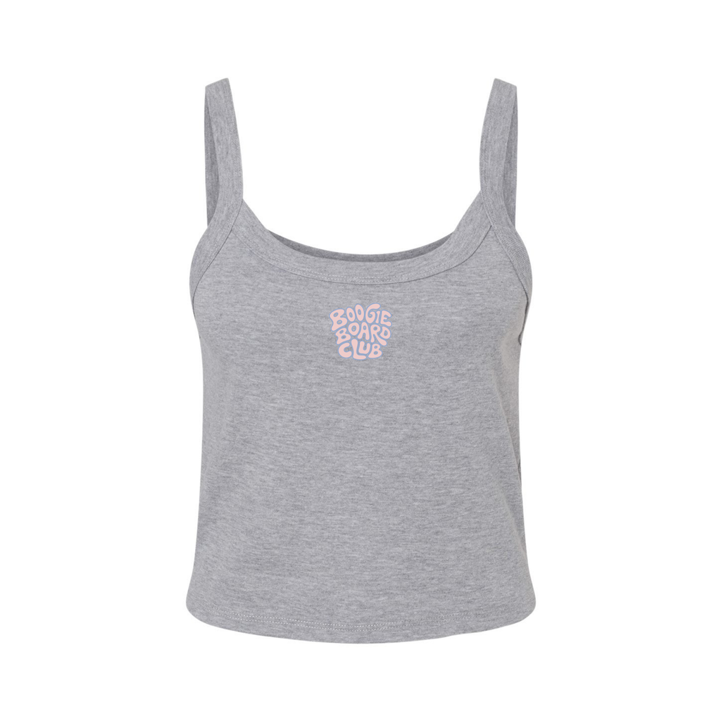 Front view of Wavy Boogie Women’s Micro Rib Tank – Pink Tide in Athletic Heather with pink tide wavy boogie logo at the center front