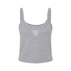 Front view of Wavy Boogie Women’s Micro Rib Tank – Pink Tide in Athletic Heather with pink tide wavy boogie logo at the center front