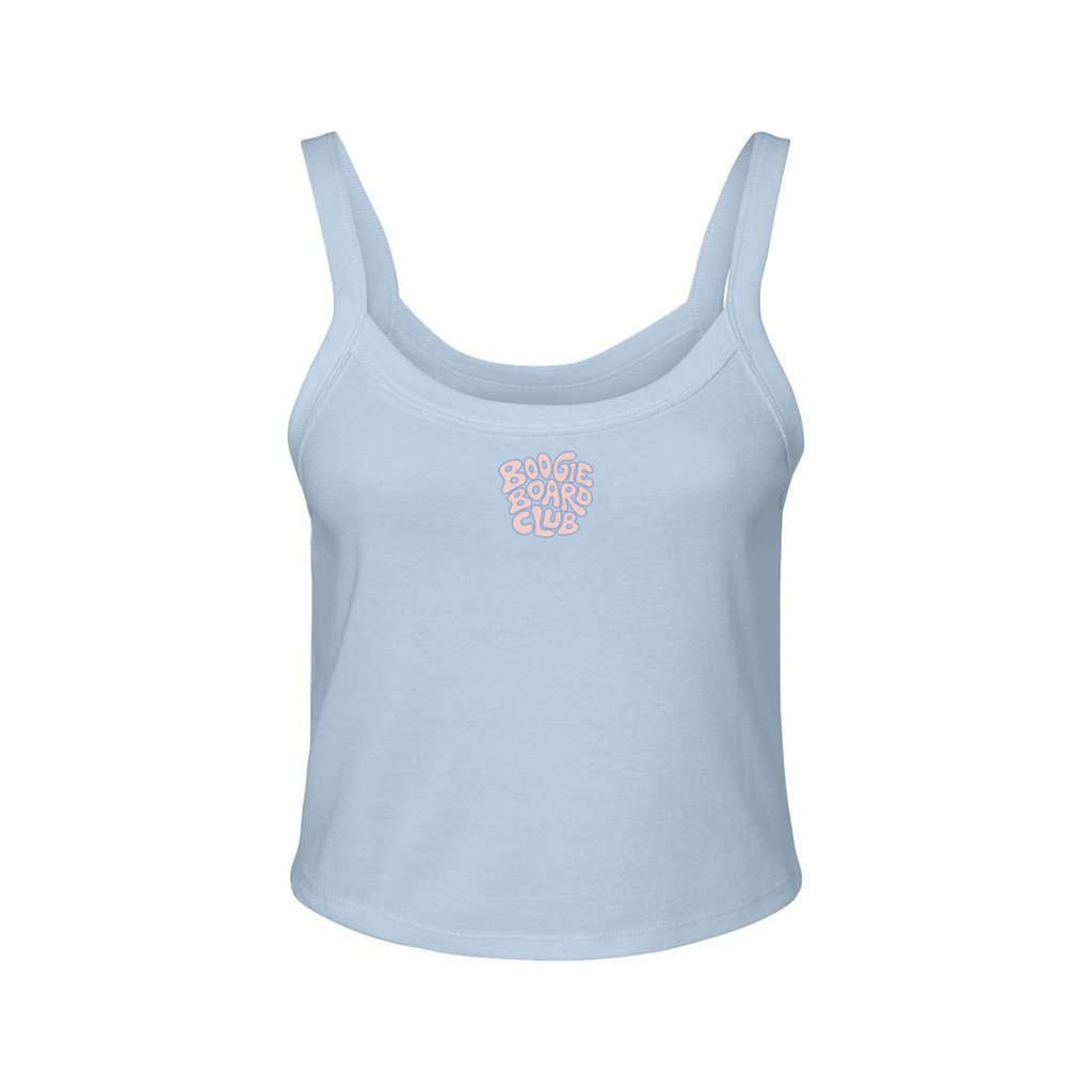 Front view of Wavy Boogie Women’s Micro Rib Tank – Pink Tide in Baby Blue with pink tide wavy boogie logo at the center front