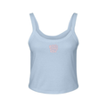 Front view of Wavy Boogie Women’s Micro Rib Tank – Pink Tide in Baby Blue with pink tide wavy boogie logo at the center front