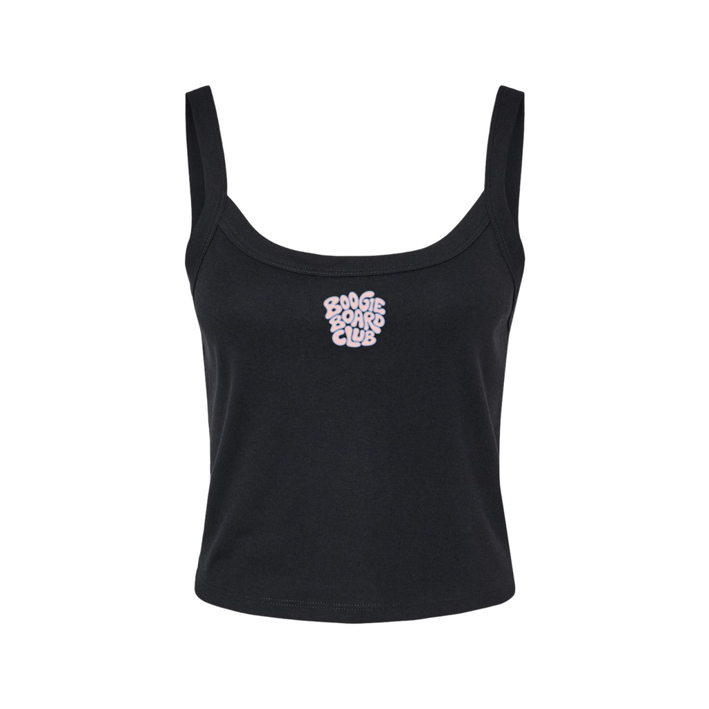 Front view of Wavy Boogie Women’s Micro Rib Tank – Pink Tide in Black with pink tide wavy boogie logo at the center front