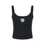 Front view of Wavy Boogie Women’s Micro Rib Tank – Pink Tide in Black with pink tide wavy boogie logo at the center front