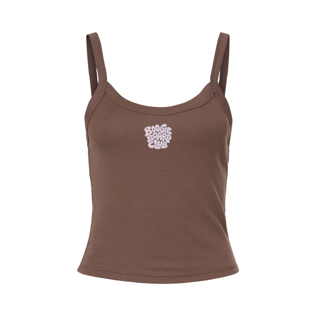 Front view of Wavy Boogie Women’s Micro Rib Tank – Pink Tide in Cocoa with pink tide wavy boogie logo at the center front