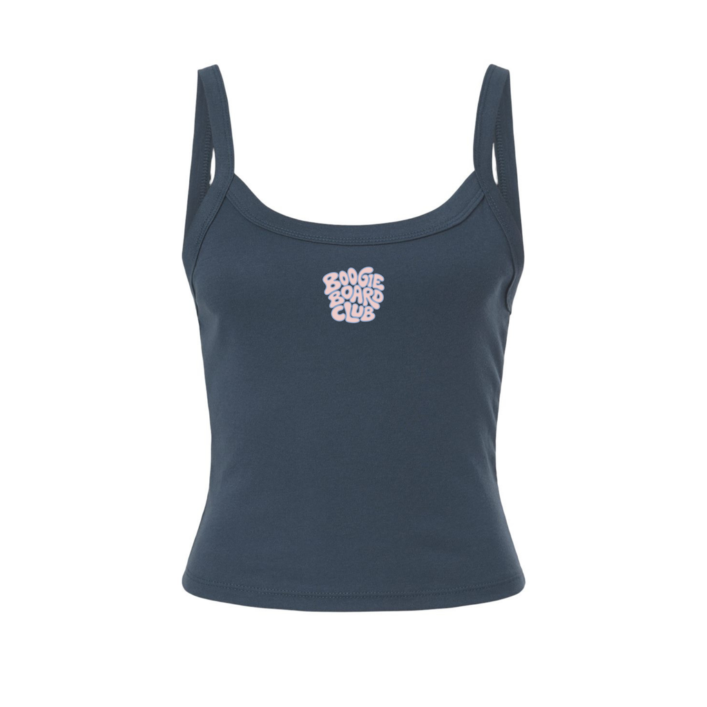 Front view of Wavy Boogie Women’s Micro Rib Tank – Pink Tide in Vintage Navy with pink tide wavy boogie logo at the center front