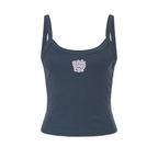 Front view of Wavy Boogie Women’s Micro Rib Tank – Pink Tide in Vintage Navy with pink tide wavy boogie logo at the center front