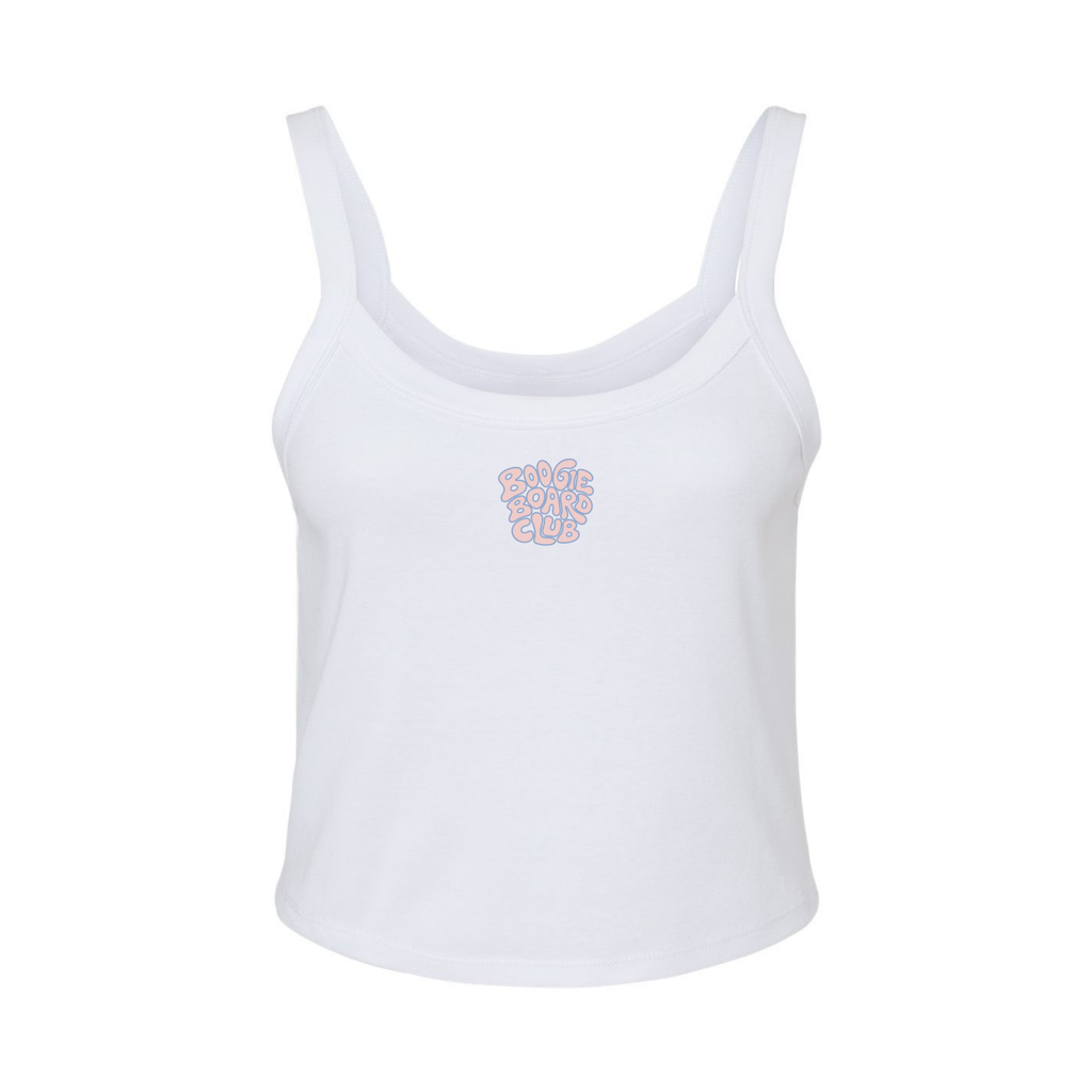 Front view of Wavy Boogie Women’s Micro Rib Tank – Pink Tide in White with pink tide wavy boogie logo at the center front