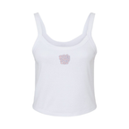 Front view of Wavy Boogie Women’s Micro Rib Tank – Pink Tide in White with pink tide wavy boogie logo at the center front