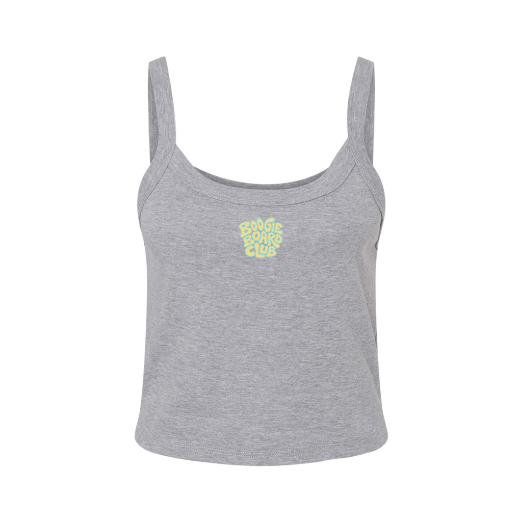 Front view of Wavy Boogie Women’s Micro Rib Tank – Sunfade in Athletic Heather with sunfade wavy boogie logo at the center front