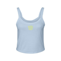 Front view of Wavy Boogie Women’s Micro Rib Tank – Sunfade in Baby Blue with sunfade wavy boogie logo at the center front