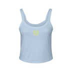 Front view of Wavy Boogie Women’s Micro Rib Tank – Sunfade in Baby Blue with sunfade wavy boogie logo at the center front
