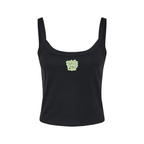 Front view of Wavy Boogie Women’s Micro Rib Tank – Sunfade in Black with sunfade wavy boogie logo at the center front