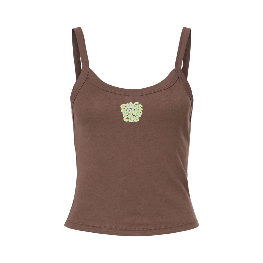 Front view of Wavy Boogie Women’s Micro Rib Tank – Sunfade in Cocoa with sunfade wavy boogie logo at the center front