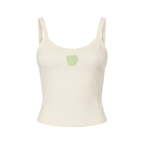 Front view of Wavy Boogie Women’s Micro Rib Tank – Sunfade in Natural with sunfade wavy boogie logo at the center front