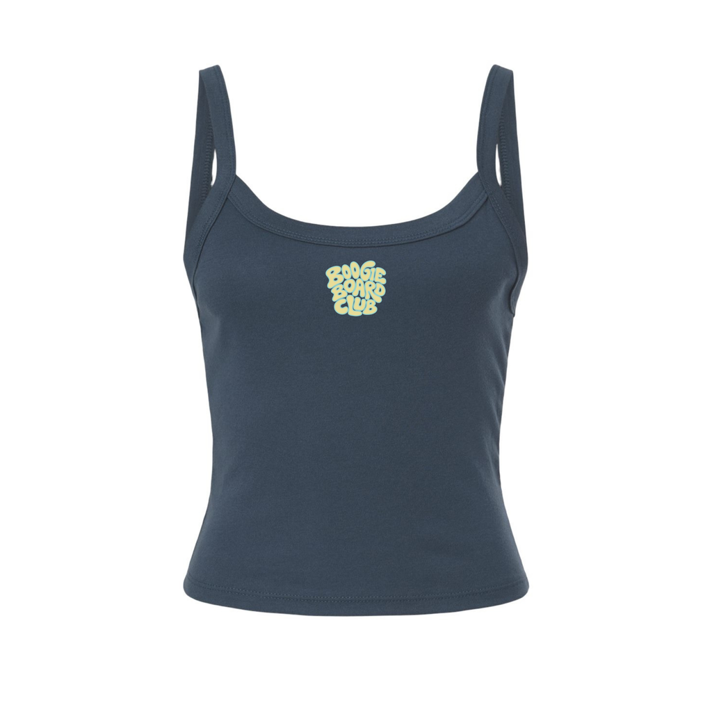 Front view of Wavy Boogie Women’s Micro Rib Tank – Sunfade in Vintage Navy with sunfade wavy boogie logo at the center front