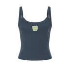 Front view of Wavy Boogie Women’s Micro Rib Tank – Sunfade in Vintage Navy with sunfade wavy boogie logo at the center front