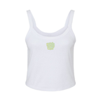 Front view of Wavy Boogie Women’s Micro Rib Tank – Sunfade in White with sunfade wavy boogie logo at the center front