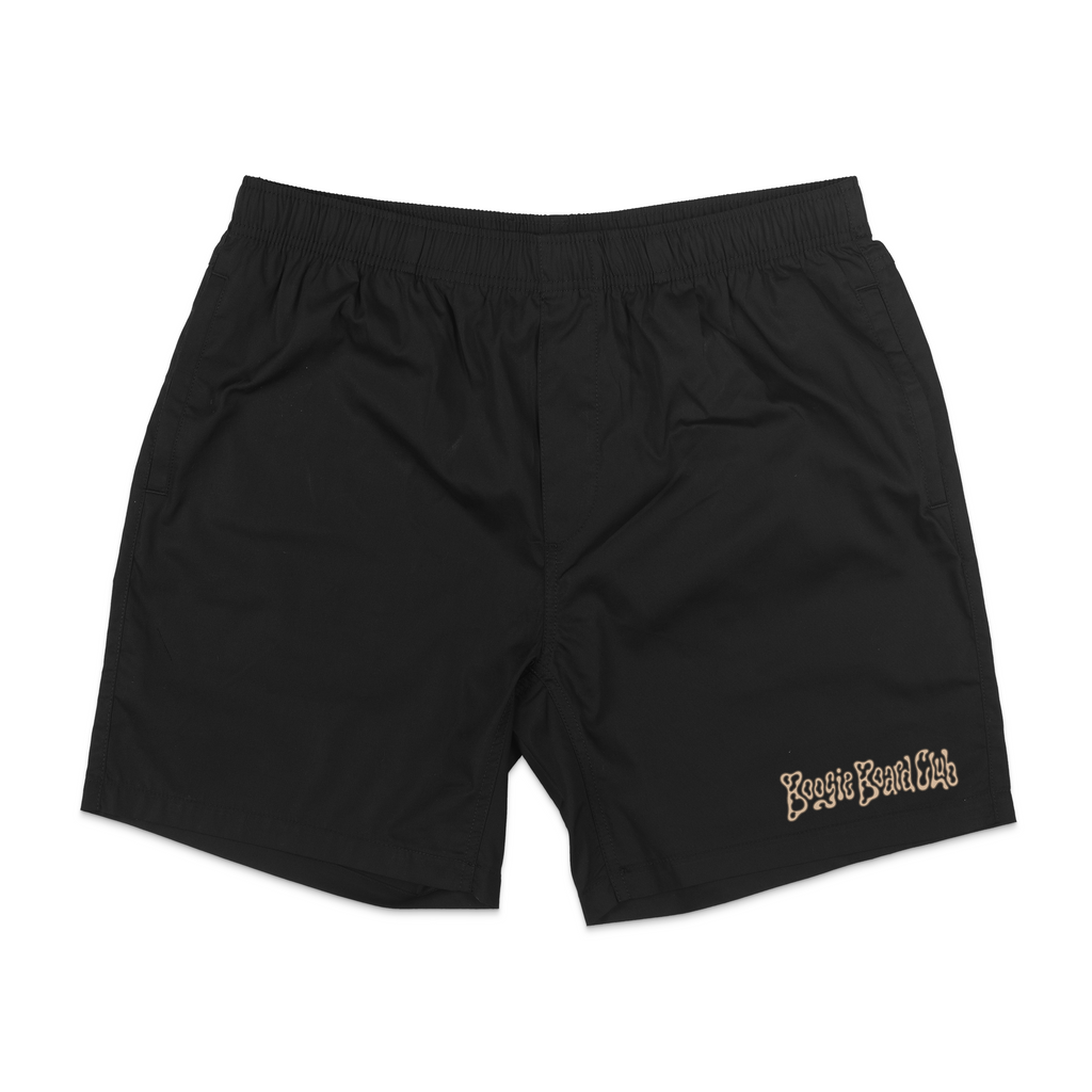 Leopard Shark Beach Shorts in Black by Boogie Board Club, front view