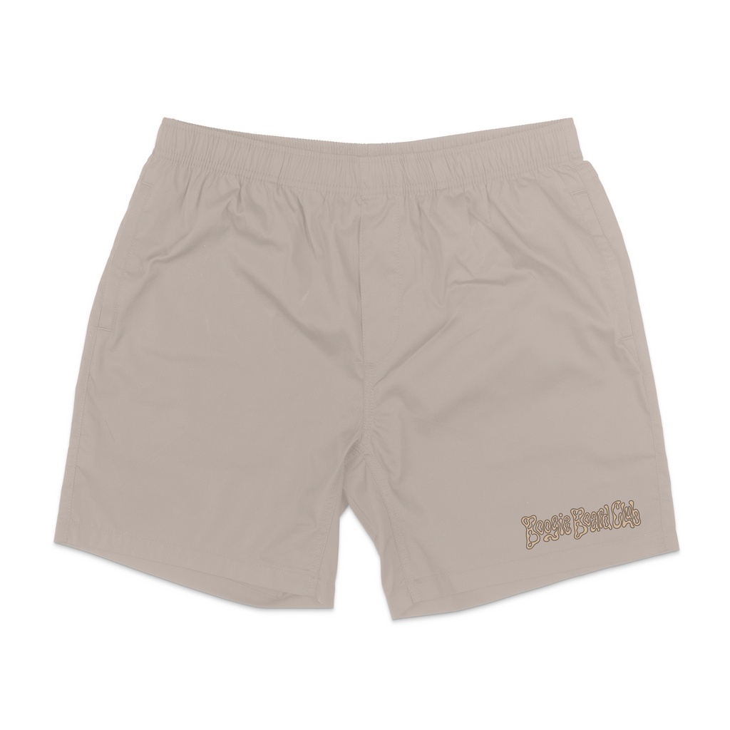 Leopard Shark Beach Shorts in Mushroom by Boogie Board Club, front view