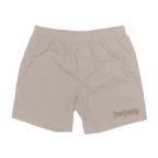 Leopard Shark Beach Shorts in Mushroom by Boogie Board Club, front view