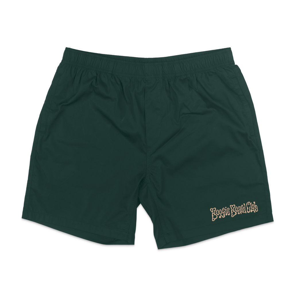 Leopard Shark Beach Shorts in Pine Green by Boogie Board Club, front view